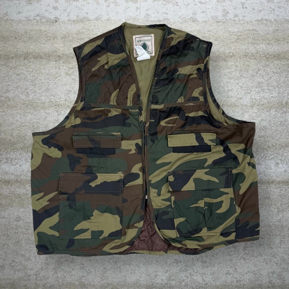 Vintage 90s Northwest Territory Vest Mens 2XL Hunting Camo Full Zip Woodland